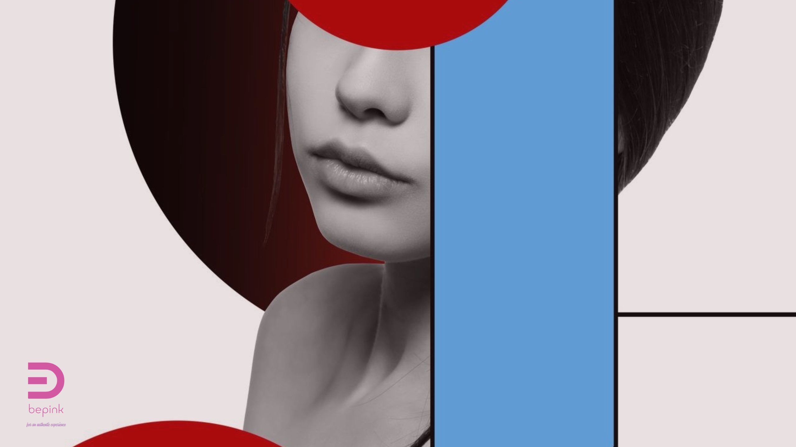 Volto parziale in bianco e nero nascosto da forme geometriche rosse e blu. Un’immagine minimalista che suggerisce una pausa di attenzione e il momento silenzioso che precede una decisione.