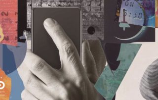 A collage featuring a hand holding a smartphone, surrounded by colorful fragments and analog textures. A visual metaphor of inner thought movement and the micro-signals that precede a decision. BePink logo in the lower left corner.