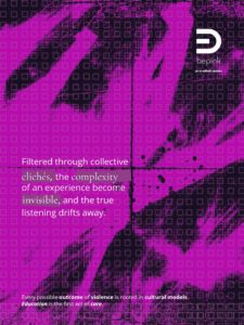 Graphic card with an abstract magenta and black background. The text reads: ‘Filtered through collective clichés, the complexity of an experience becomes invisible and listening moves further away.’ The image addresses the experience of women within ethnic or diasporic contexts, highlighting how stereotypes and generalisations can obscure their stories and reduce their visibility.