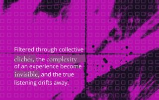 Graphic card with an abstract magenta and black background. The text reads: ‘Negotiating one’s presence means that words remain waiting for legitimisation.’ The image addresses the experience of women with a migrant status, highlighting how language, legal position and perceived belonging shape access to recognition and credibility.