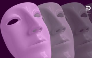 Overlapping stylized masks in shades of pink and purple, overlaid with a grainy texture that evokes a symbolic and temporal dimension. The image suggests transformation, threshold, and layered identity. “bepink” logo in the top right.