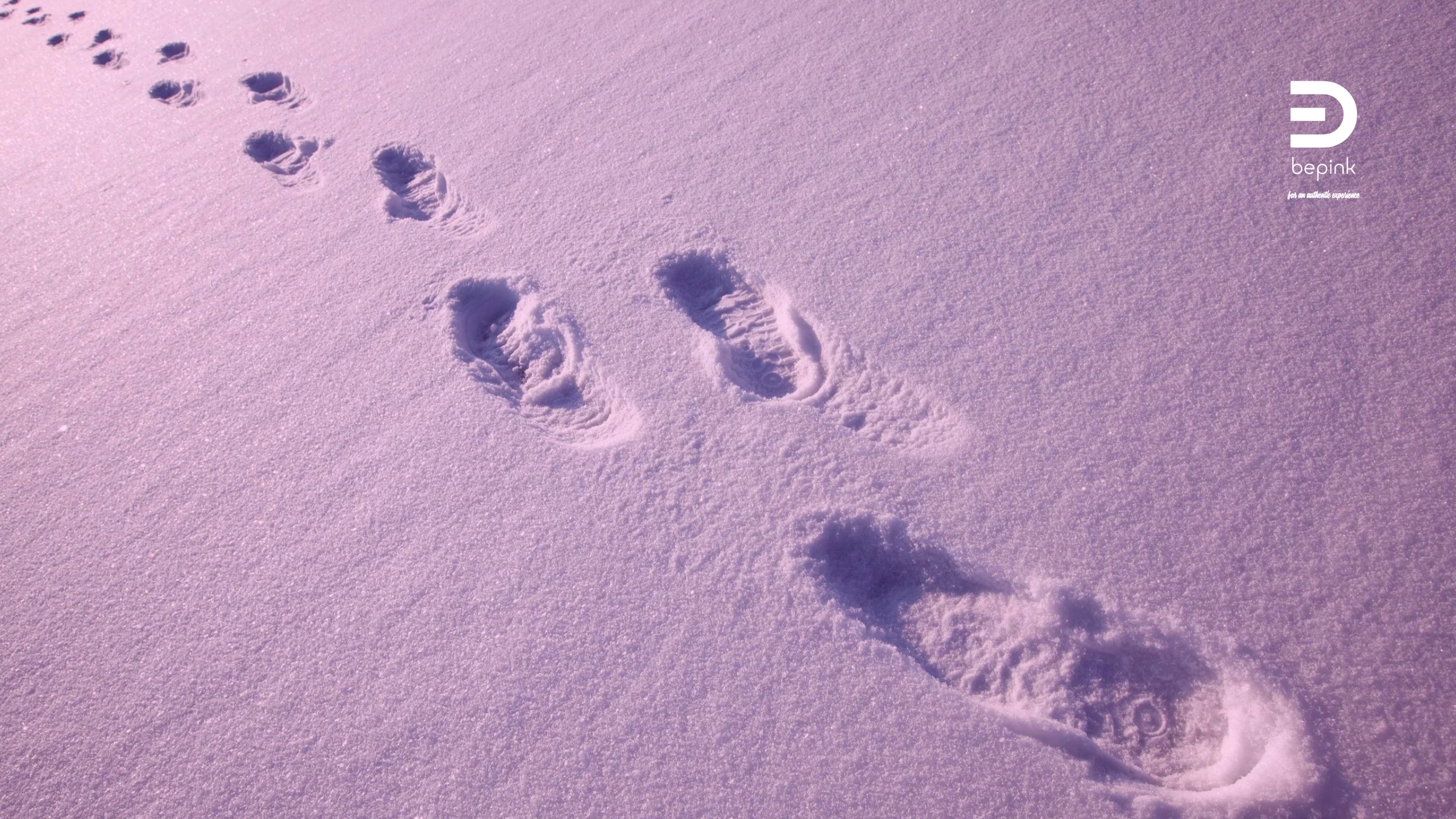 Impronte di passi sulla neve, illuminate da una luce rosata. Le tracce procedono in diagonale, segnando un percorso temporaneo su una superficie uniforme.