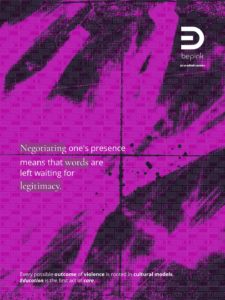 Graphic card with an abstract magenta and black background. The text reads: ‘Negotiating one’s presence means that words remain waiting for legitimisation.’ The image addresses the experience of women with a migrant status, highlighting how language, legal position and perceived belonging shape access to recognition and credibility.