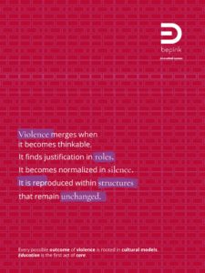 Violence manifests when it becomes thinkable. It is justified through roles. It is normalized in silence. It reproduces within structures that do not change.” At the bottom, payoff: “All possible outcomes of violence stem from cultural models. Education is the first act of care.” BePink logo in the top-right corner.