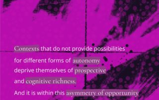 Magenta background with dotted abstract graphics. White text reads: “Contexts that do not provide possibilities for diverse forms of autonomy deprive themselves of prospective and cognitive richness. And it is within this asymmetry of opportunity that exclusions take shape.” “bepink” logo in the top right.