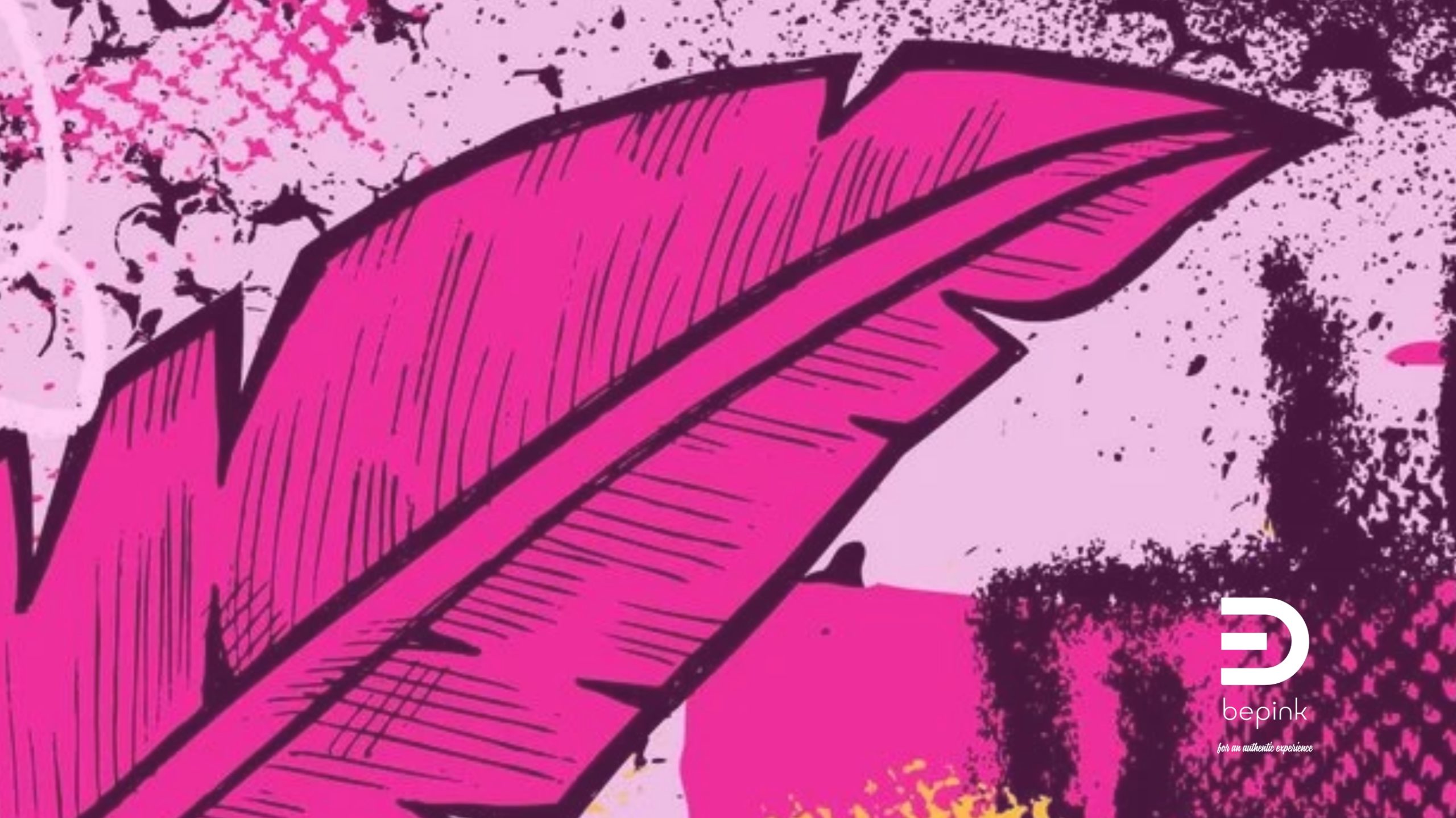 Feather Dettaglio di un'illustrazione grafica nei toni del fucsia e del nero che raffigura una grande piuma stilizzata su uno sfondo astratto e texturizzato.