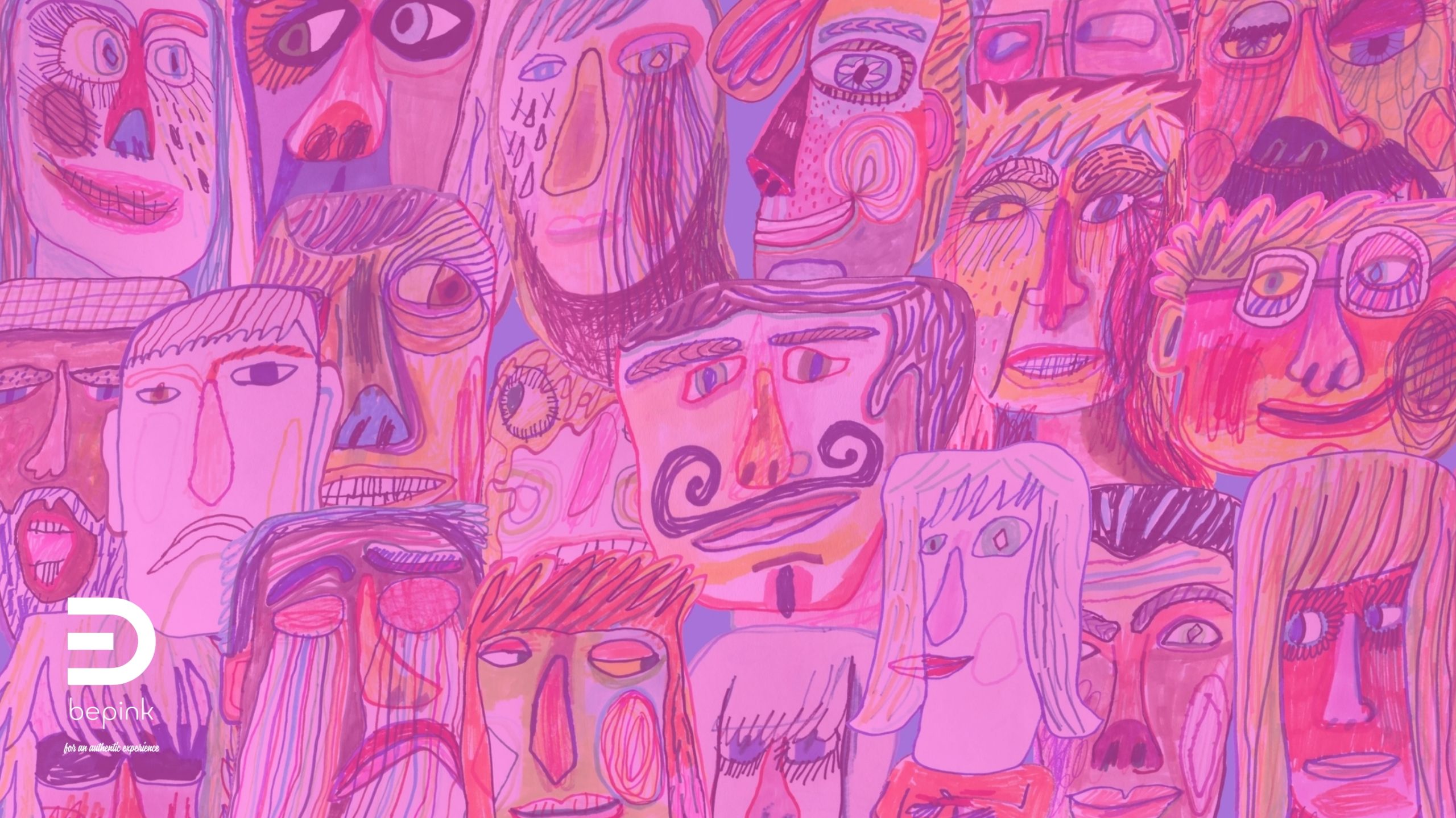 Oltre i pregiudizi Illustrazione colorata in stile schizzo e fumetto nei toni del rosa, viola e arancione, che raffigura un collage fitto di volti e facce umane diverse, usata come introduzione visiva.