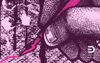 Grafica concettuale in rosa e nero con una mano che scrive con un pennino, scelta come immagine di copertina per l'articolo sulle distanze relazionali tra generazioni.