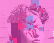 Un volto femminile parzialmente coperto da immagini di un cervello, fiori e frammenti geometrici, in una composizione rosa e viola.