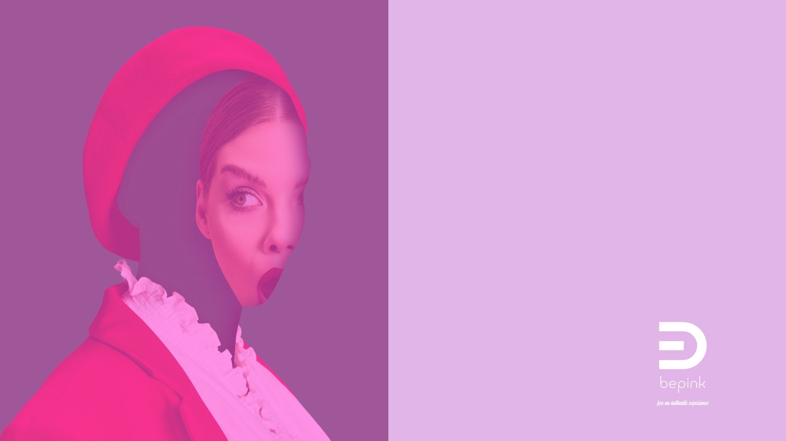 Portrait of a woman wearing a pink hat and jacket with a white ruffled collar, looking surprised against a purple background.